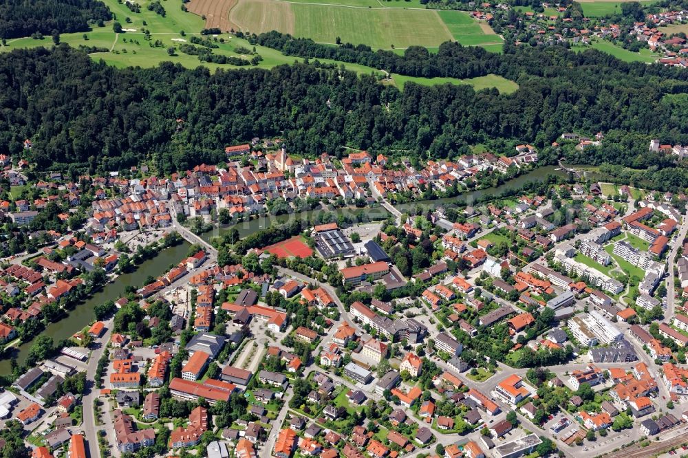 Wolfratshausen from above - City view of Wolfratshausen with Isar bridges in the state Bavaria, Germany