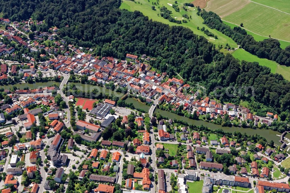 Wolfratshausen from the bird's eye view: City view of Wolfratshausen with Isar bridges in the state Bavaria, Germany