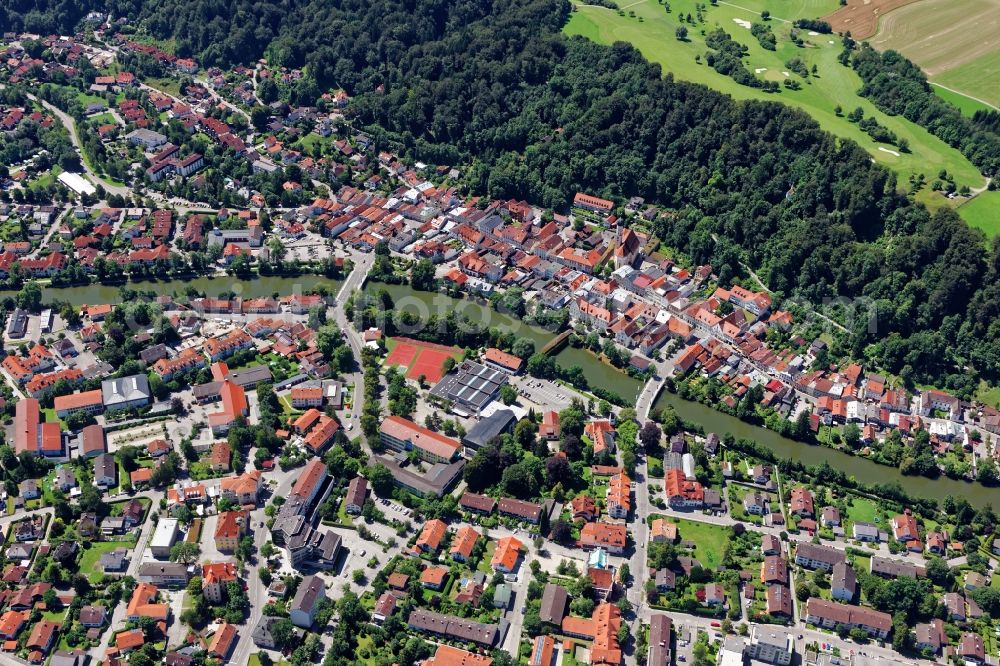 Aerial image Wolfratshausen - City view of Wolfratshausen with Isar bridges in the state Bavaria, Germany