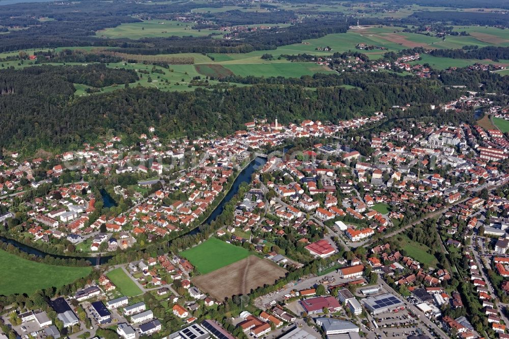 Wolfratshausen from the bird's eye view: City view of Wolfratshausen with Isar bridges in the state Bavaria, Germany