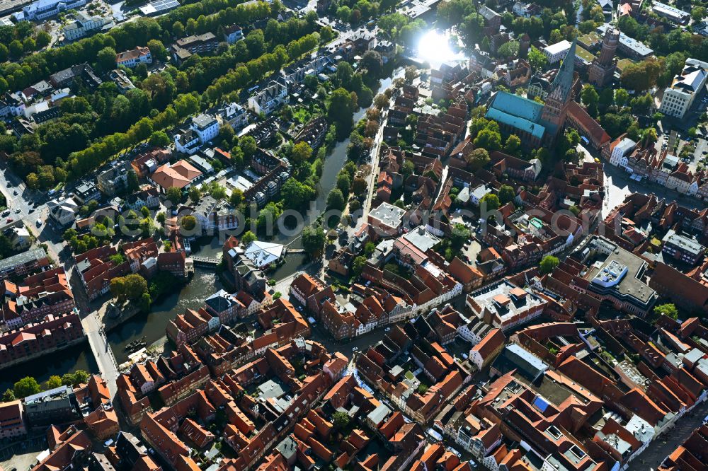 Lüneburg from the bird's eye view: City view on the river bank of Ilmenau in Lueneburg in the state Lower Saxony, Germany