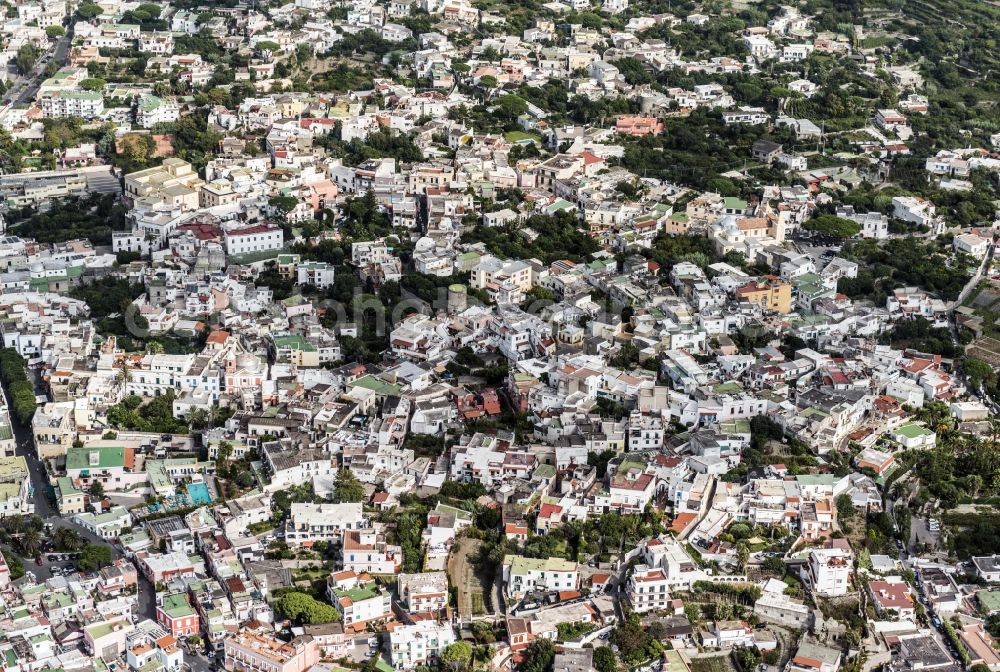 Forio from the bird's eye view: Cityscape with houses of Forio on the island of Ischia in the Mediterranean Sea in Italy