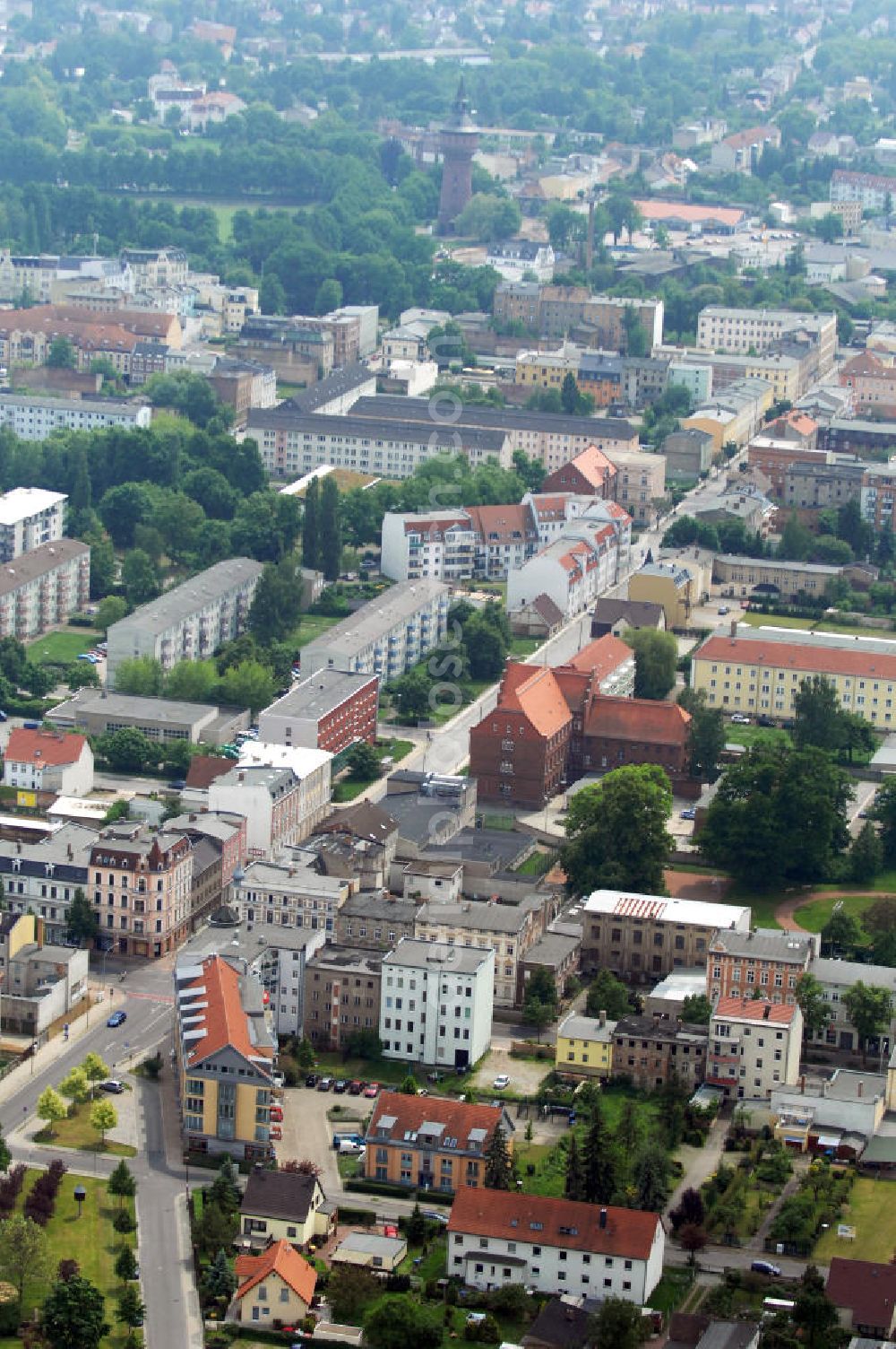 Aerial image Forst / Lausitz - Cityscape along the street Bahnhofstrasse into the direction water tower in Forst in the Lusatia