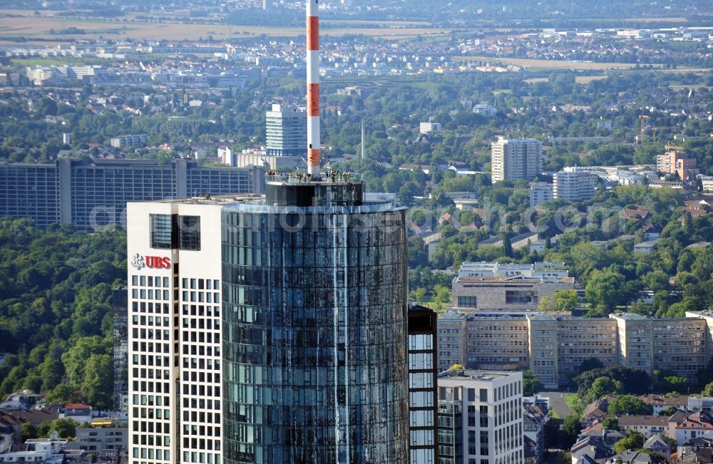 Frankfurt am Main from the bird's eye view: Cityscape of Frankfurt on the Main with the Main Tower and the Opernturm in the foreground. The Main Tower houses among others the regional state bank Hessen-Thüringen and the Hessischer Rundfunk ans also a public restaurant. The Opernturm accommodates the German headquaters of the UBS Bank. Also offices can be hired