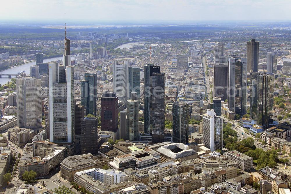 Aerial photograph Frankfurt am Main - Blick auf die Frankfurter Skyline am Main. Das Frankfurter Banken-, und Bürohauszentrum reiht die Mainmetropole in die Liste typische europäischer Hochhausstädte ein. View of the Frankfurt am Main skyline. The Frankfurt banking, and office center joins a list of the main metropolis in the typical high-rise European citys.