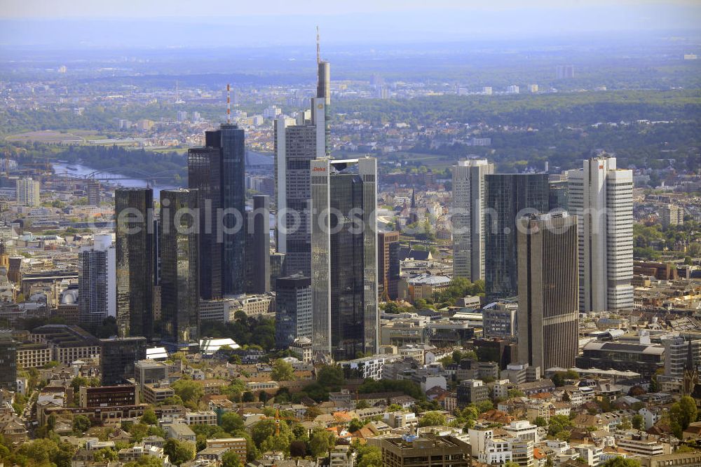 Aerial image Frankfurt am Main - Blick auf die Frankfurter Skyline am Main. Das Frankfurter Banken-, und Bürohauszentrum reiht die Mainmetropole in die Liste typische europäischer Hochhausstädte ein. View of the Frankfurt am Main skyline. The Frankfurt banking, and office center joins a list of the main metropolis in the typical high-rise European citys.