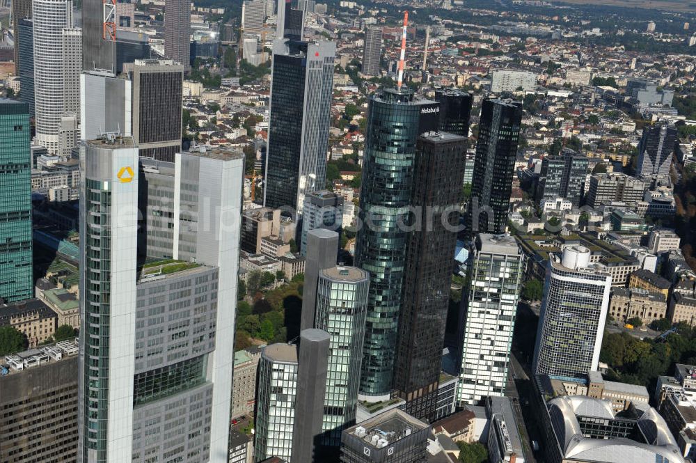 Aerial image Frankfurt am Main - Blick auf die Frankfurter Skyline am Main. Das Frankfurter Banken-, und Bürohauszentrum reiht die Mainmetropole in die Liste typische europäischer Hochhausstädte ein. View of the Frankfurt am Main skyline. The Frankfurt banking, and office center joins a list of the main metropolis in the typical high-rise European citys.