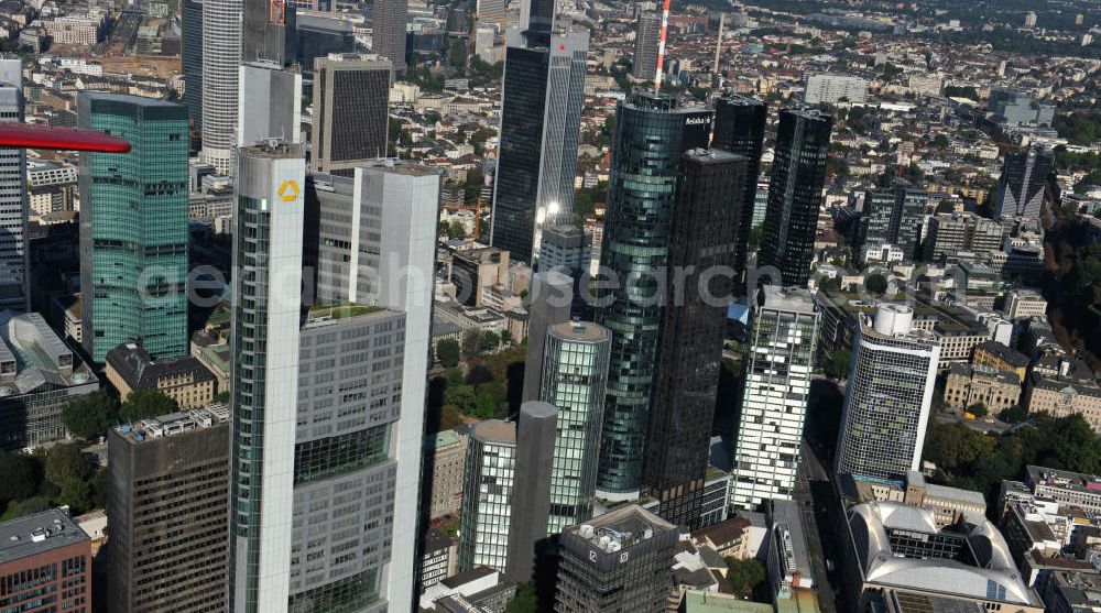 Aerial photograph Frankfurt am Main - Blick auf die Frankfurter Skyline am Main. Das Frankfurter Banken-, und Bürohauszentrum reiht die Mainmetropole in die Liste typische europäischer Hochhausstädte ein. View of the Frankfurt am Main skyline. The Frankfurt banking, and office center joins a list of the main metropolis in the typical high-rise European citys.