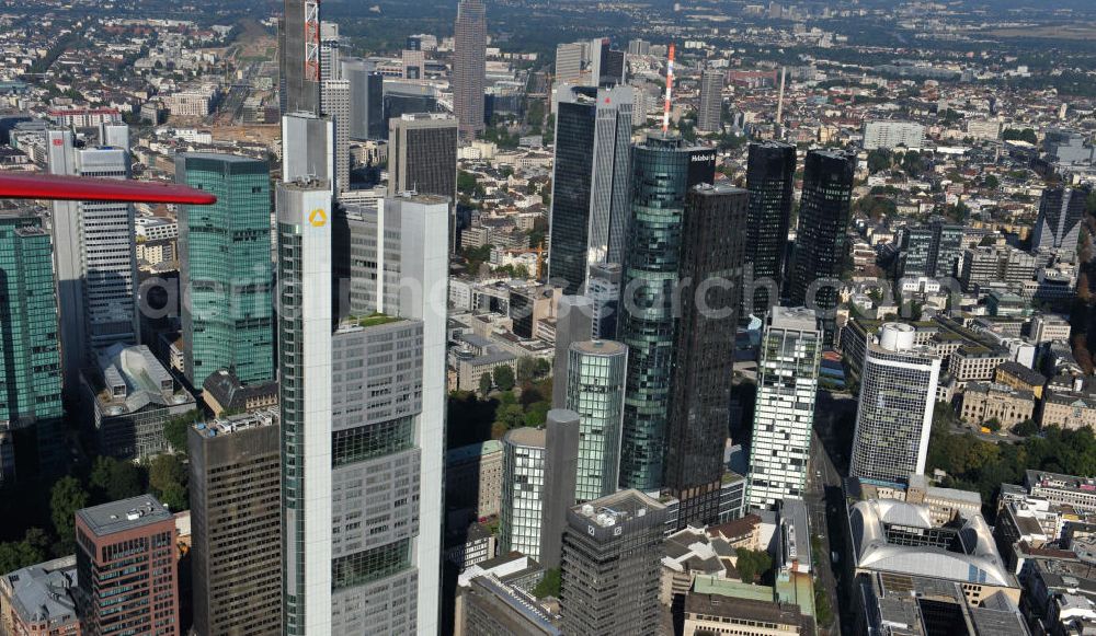 Aerial image Frankfurt am Main - Blick auf die Frankfurter Skyline am Main. Das Frankfurter Banken-, und Bürohauszentrum reiht die Mainmetropole in die Liste typische europäischer Hochhausstädte ein. View of the Frankfurt am Main skyline. The Frankfurt banking, and office center joins a list of the main metropolis in the typical high-rise European citys.