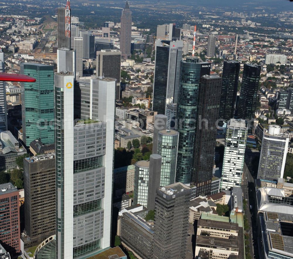 Aerial photograph Frankfurt am Main - Blick auf die Frankfurter Skyline am Main. Das Frankfurter Banken-, und Bürohauszentrum reiht die Mainmetropole in die Liste typische europäischer Hochhausstädte ein. View of the Frankfurt am Main skyline. The Frankfurt banking, and office center joins a list of the main metropolis in the typical high-rise European citys.