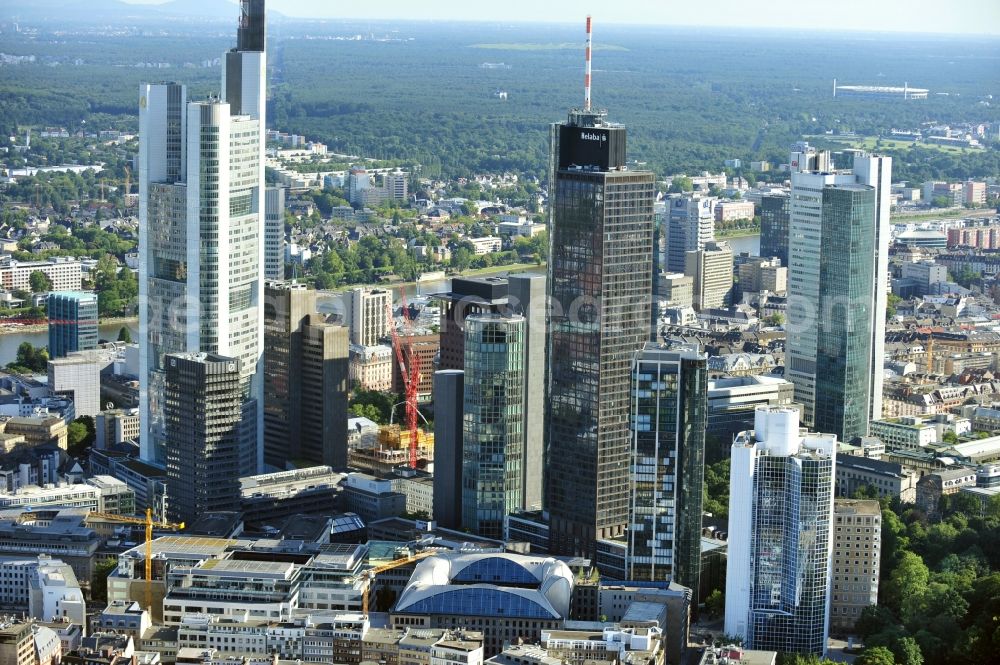 Frankfurt am Main from the bird's eye view: View of the Frankfurt am Main skyline. The Frankfurt banking, and office center joins a list of the main metropolis in the typical high-rise European citys