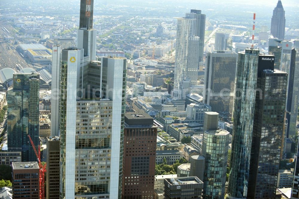 Aerial photograph Frankfurt am Main - View of the Frankfurt am Main skyline. The Frankfurt banking, and office center joins a list of the main metropolis in the typical high-rise European citys