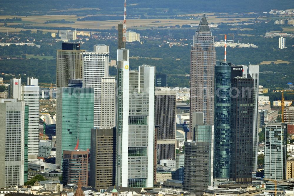 Frankfurt am Main from the bird's eye view: View of the Frankfurt am Main skyline. The Frankfurt banking, and office center joins a list of the main metropolis in the typical high-rise European citys