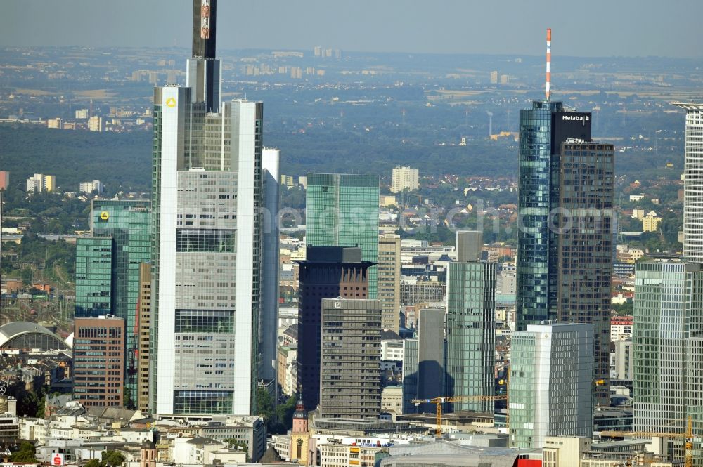 Aerial photograph Frankfurt am Main - View of the Frankfurt am Main skyline. The Frankfurt banking, and office center joins a list of the main metropolis in the typical high-rise European citys