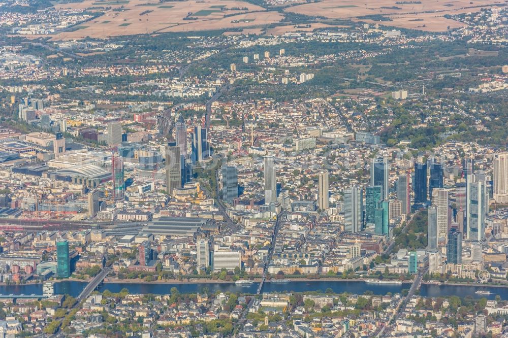 Aerial image Frankfurt am Main - View of the Frankfurt am Main skyline. The Frankfurt banking, and office center joins a list of the main metropolis in the typical high-rise European citys