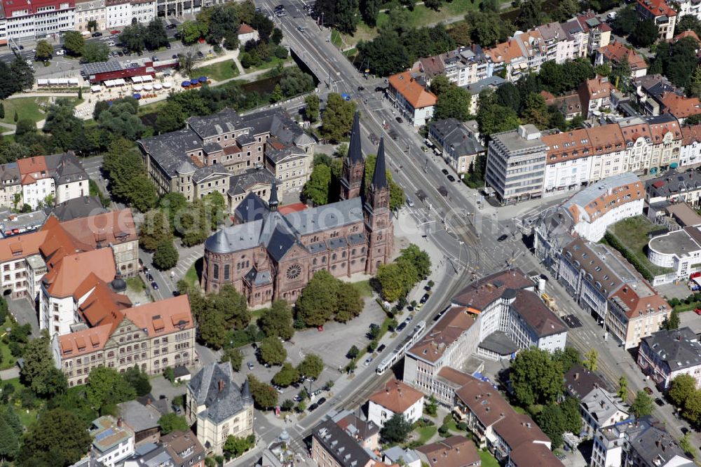 Aerial image Freiburg im Breisgau - Blick auf den Freiburger Stadtteil Wiehre, mit der Johanneskirche, der Lessing-Schule und der Gertrud-Luckner-Gewerbe Schule. Auch das Umweltamt und das Bürgeramt sind hier zu finden. Die katholische Johanneskirche aus rotem Sandstein wurde 1899 eingeweiht. Anders als bei älteren Kirchengebäuden ist die Johanneskirche nach Westen ausgerichtet. View to the district Wiehre in Freiburg with the church St. Johannes, the Lessing- middle school; the Gertrud-Luckner industrial school and also the environment agency and the Citizens Registration Office.