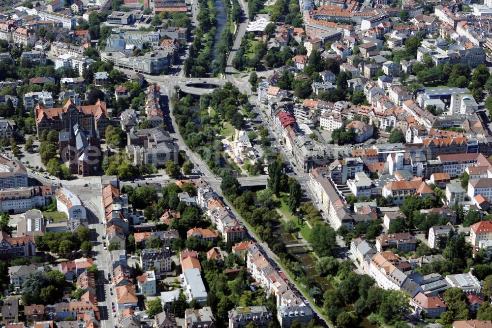 Freiburg im Breisgau from above - Blick auf den Freiburger Stadtteil Wiehre, mit der Johanneskirche, der Lessing-Schule und der Gertrud-Luckner-Gewerbe Schule. Auch das Umweltamt und das Bürgeramt sind hier zu finden. Die katholische Johanneskirche aus rotem Sandstein wurde 1899 eingeweiht. Anders als bei älteren Kirchengebäuden ist die Johanneskirche nach Westen ausgerichtet. View to the district Wiehre in Freiburg with the church St. Johannes, the Lessing- middle school; the Gertrud-Luckner industrial school and also the environment agency and the Citizens Registration Office.