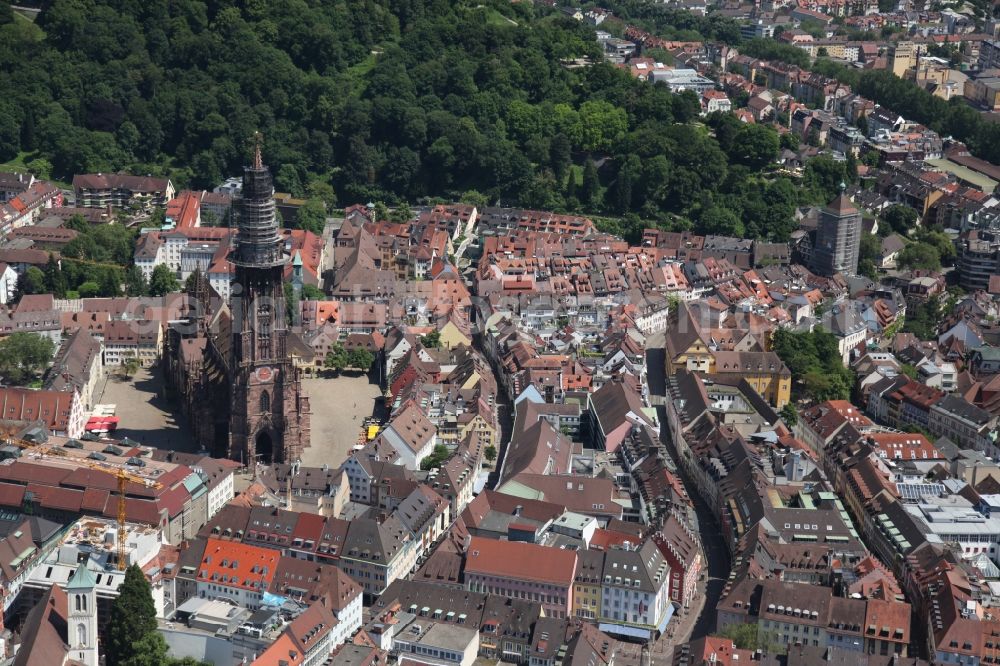 Freiburg im Breisgau from above - Cityscape with the Freiburg Cathedral, the landmark of the city of Freiburg in Baden-Württemberg