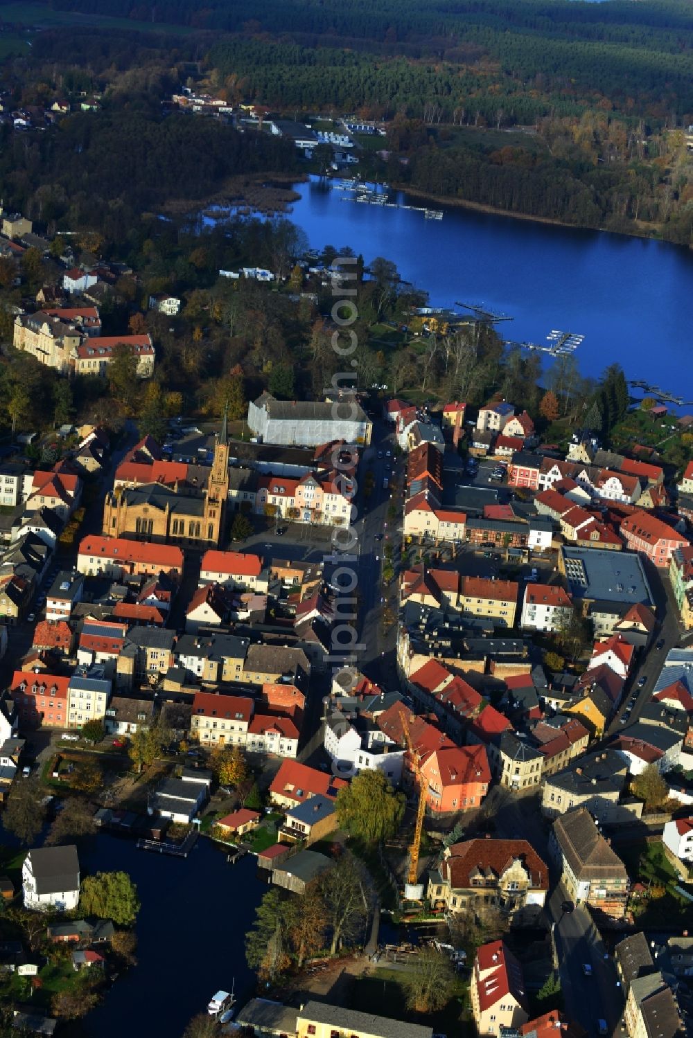 Fürstenberg/Havel from above - City view with lake and forest landscape in the background of Fürstenberg / Havel in Brandenburg