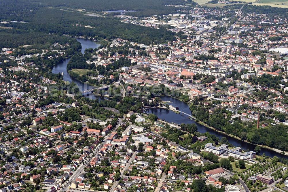 Fürstenwalde/Spree from above - City view on the river bank of Spree River in Fuerstenwalde/Spree in the state Brandenburg, Germany