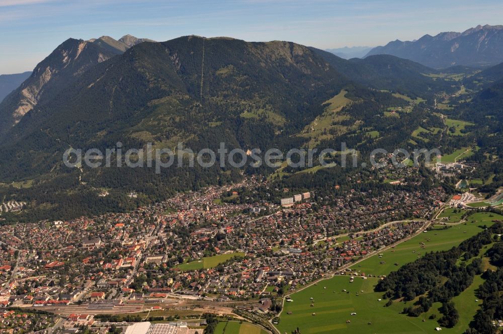 Garmisch-Partenkirchen from above - City view of Garmisch-Partenkirchen in Bavaria