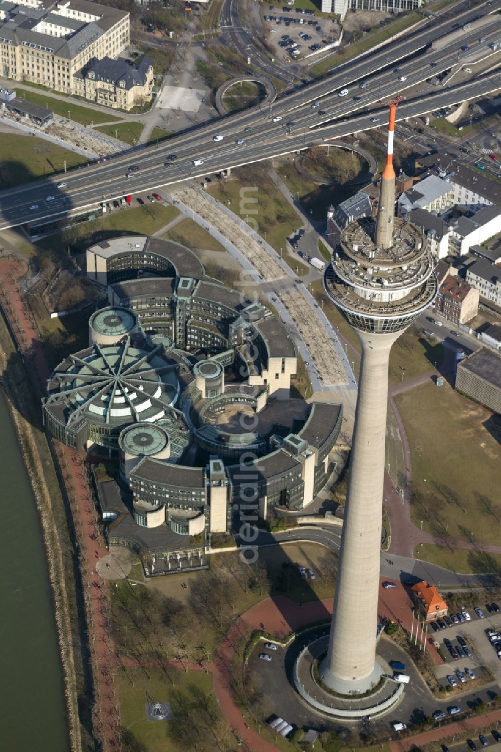 Düsseldorf from above - View of the site of the television tower Rhine Tower and the buildings of Parliament in Dusseldorf in North Rhine-Westphalia NRW. The Rheinturm carries aerials for directional radio, FM and TV transmitters and DVB-T