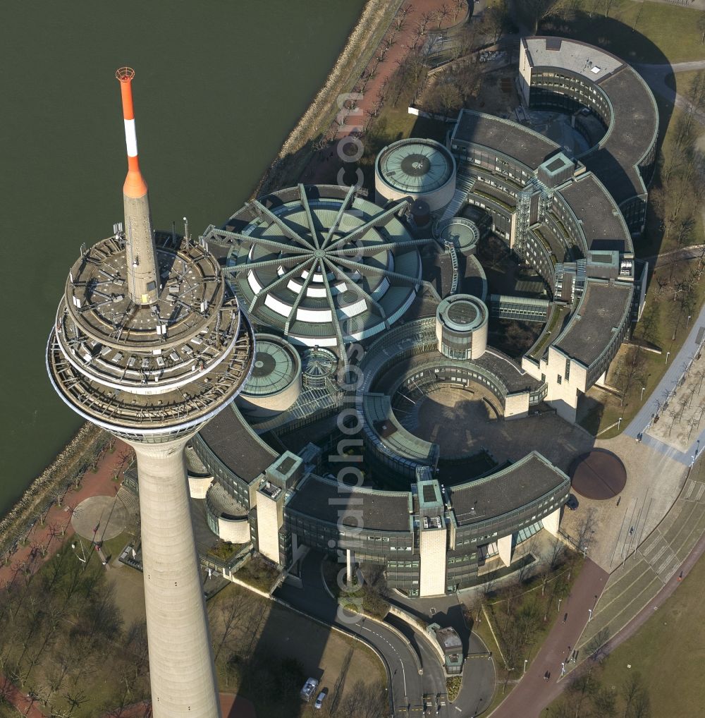 Aerial photograph Düsseldorf - View of the site of the television tower Rhine Tower and the buildings of Parliament in Dusseldorf in North Rhine-Westphalia NRW. The Rheinturm carries aerials for directional radio, FM and TV transmitters and DVB-T