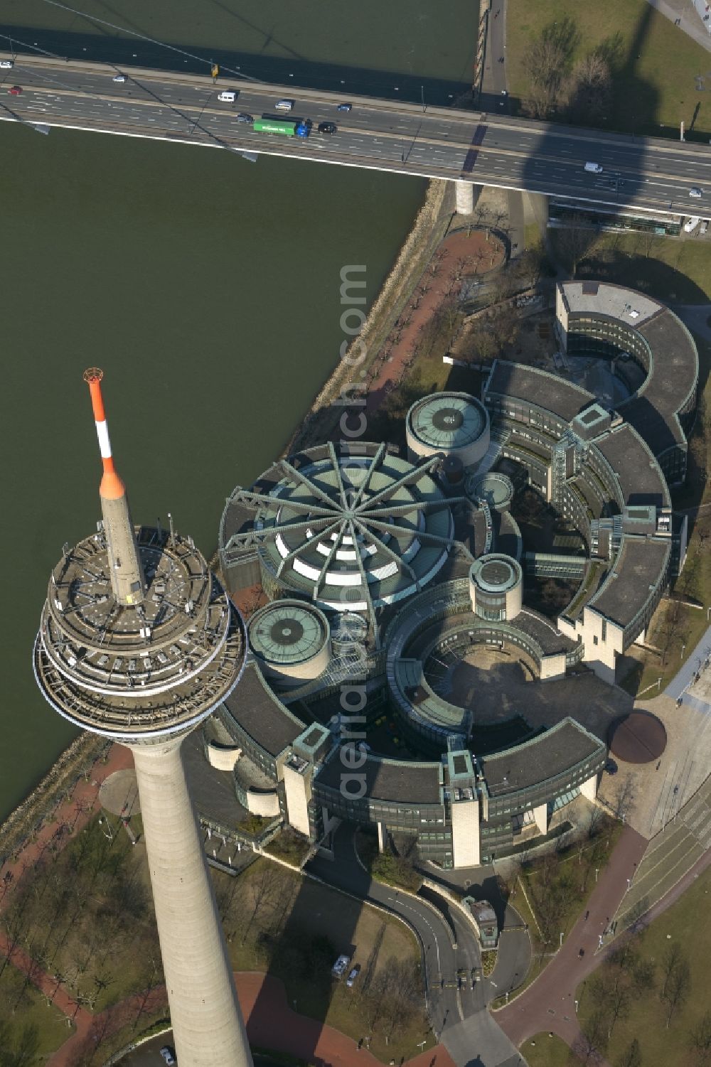 Düsseldorf from above - View of the site of the television tower Rhine Tower and the buildings of Parliament in Dusseldorf in North Rhine-Westphalia NRW. The Rheinturm carries aerials for directional radio, FM and TV transmitters and DVB-T