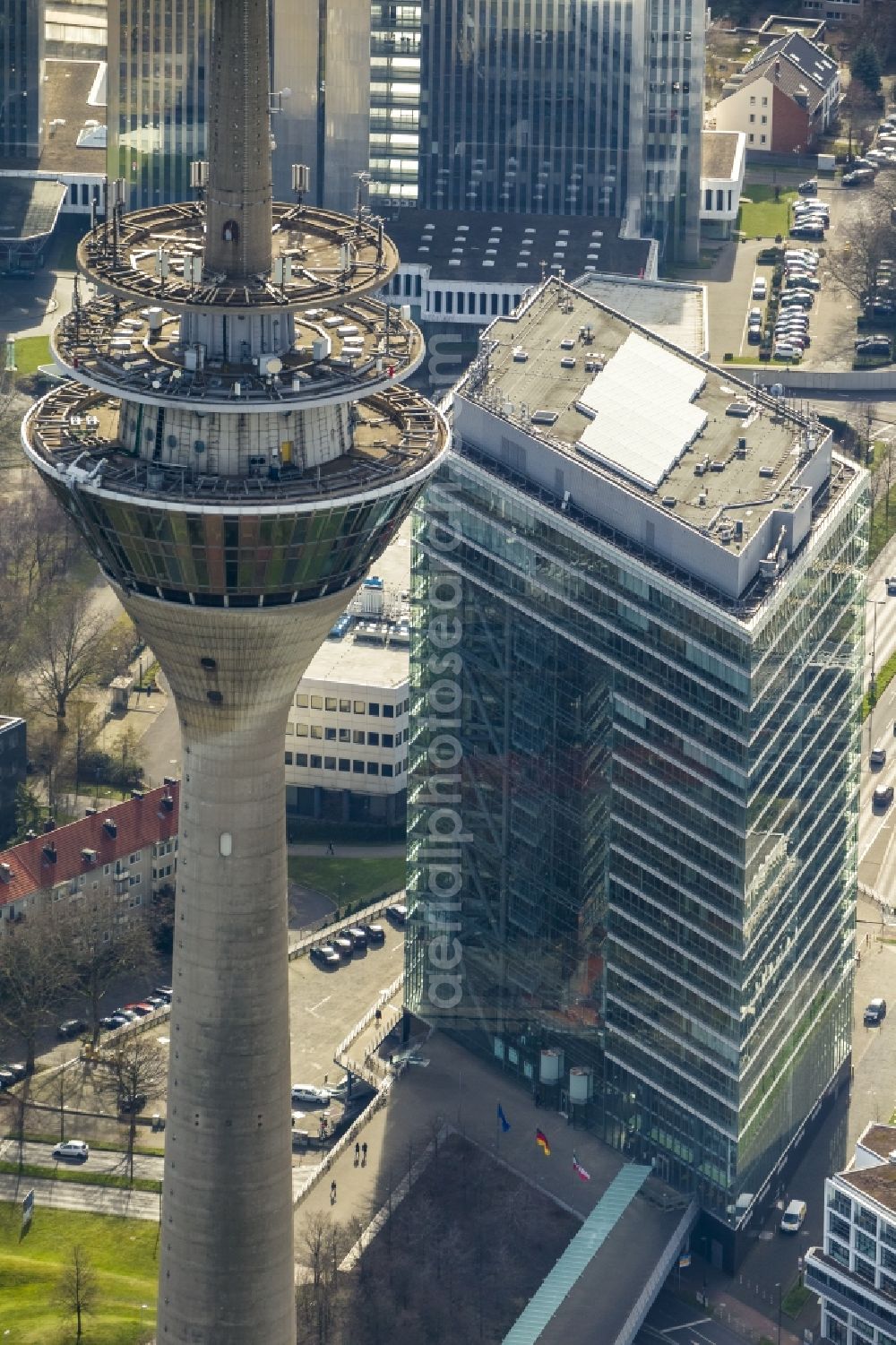 Düsseldorf from above - View of the site of the television tower Rhine Tower and the buildings of Parliament in Dusseldorf in North Rhine-Westphalia NRW. The Rheinturm carries aerials for directional radio, FM and TV transmitters and DVB-T