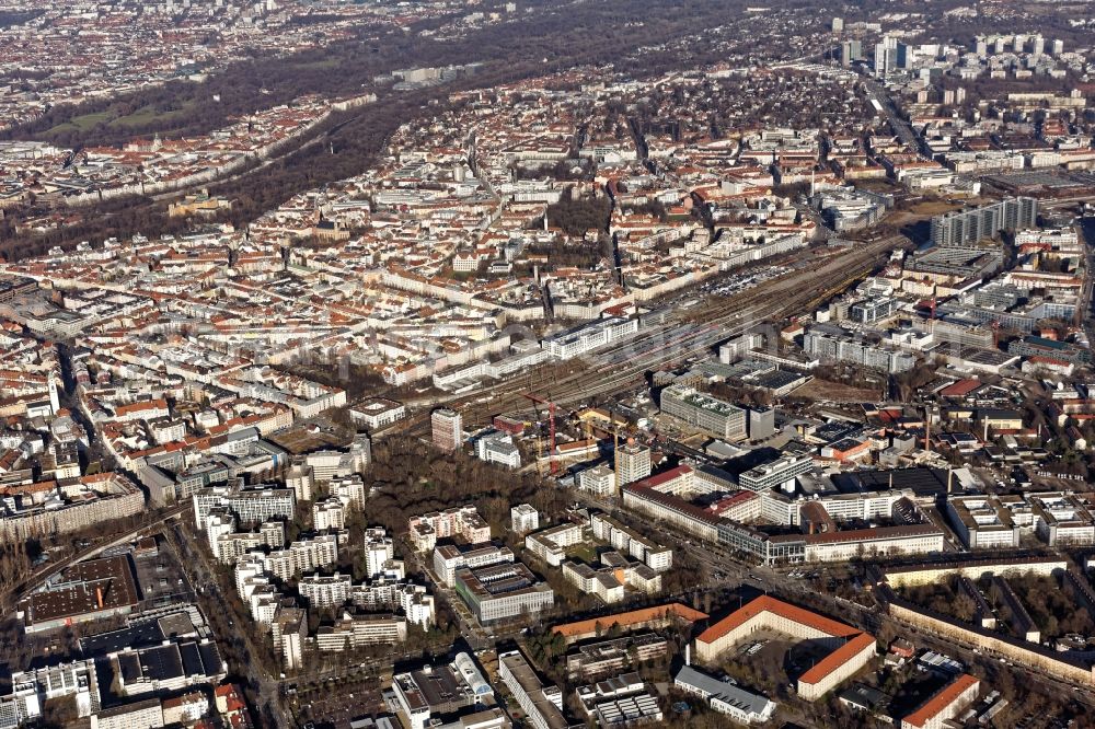 München from above - Cityscape from St. Martin Road over the Ostbahnhof to downtown and towards Steinhausen in Munich in Bavaria. In the foreground Balanstrasse, Rosenheimerstrasse, St. Cajetan Road, Orleansstrasse. In the background Leuchtenbergring, Steinhausen, Haidhausen, Lehel