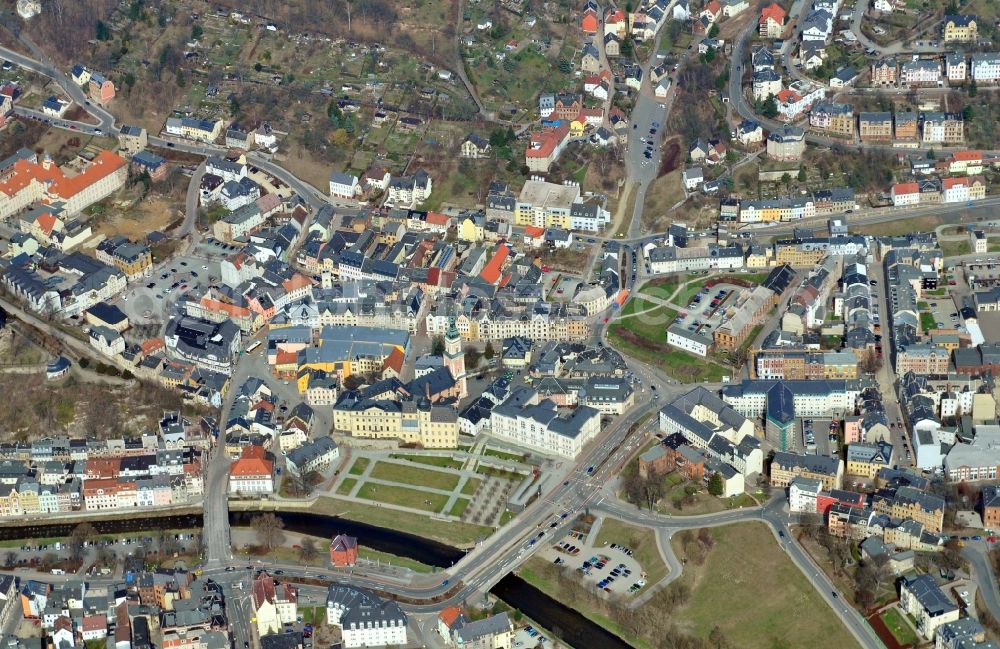 Greiz from above - Cityview of Greiz in the state Thuringia. Directly located at the bank of the Weiße Elster, is the castle Unteres Schloss. the castle houses a local museum, which explains the castle's history in association with the development of Greiz