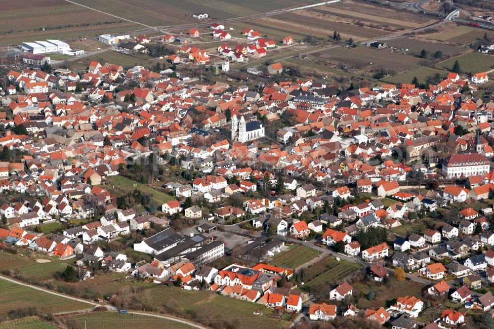 Guntersblum from above - Stadtansicht von der Ortsgemeinde Guntersblum im Rhein-Main-Gebiet im Landkreis Mainz-Bingen in Rheinland-Pfalz. Sie ist Verwaltungssitz der Verbandsgemeinde Guntersblum. View to the town Guntersblum in the administrative district Mainz-Bingen of Rhineland-Palatinate.