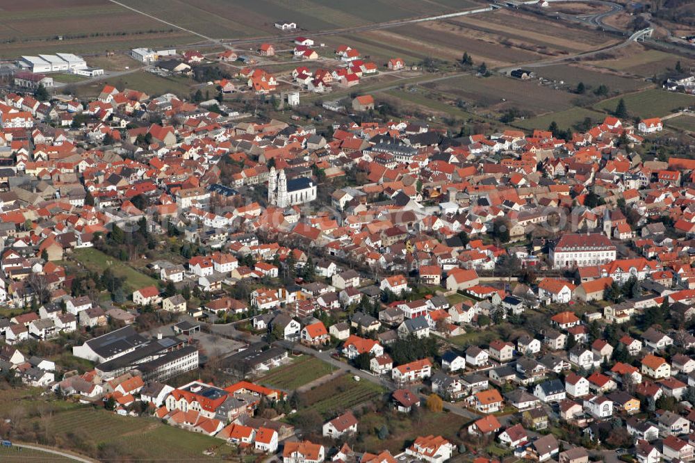 Guntersblum from the bird's eye view: Stadtansicht von der Ortsgemeinde Guntersblum im Rhein-Main-Gebiet im Landkreis Mainz-Bingen in Rheinland-Pfalz. Sie ist Verwaltungssitz der Verbandsgemeinde Guntersblum. View to the town Guntersblum in the administrative district Mainz-Bingen of Rhineland-Palatinate.