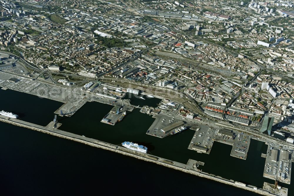 Marseille from the bird's eye view: Cityscape with the Europort / Port autonome de Marseille in the Provence-Alpes-Cote d'Azur, France