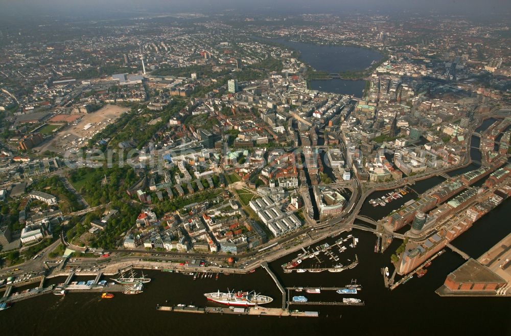 Hamburg from above - Cityscape of HafenCity with the memory of the old city harbor on the old customs in Hamburg