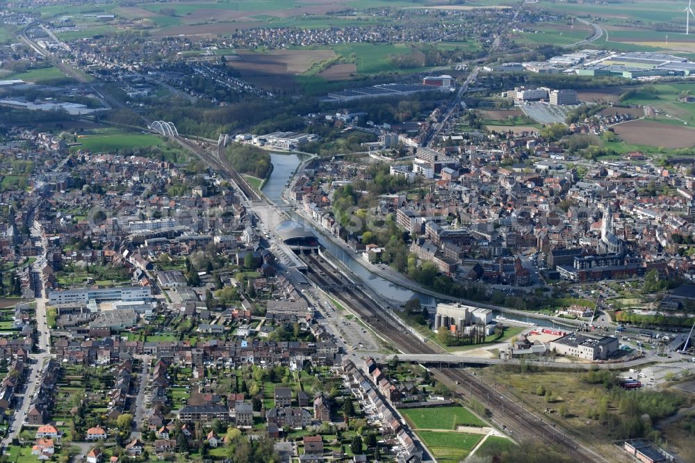 Halle from above - City view with railway station at the course of the river Brussels-Charleroi Canalin in Halle in Flan ders, Belgium