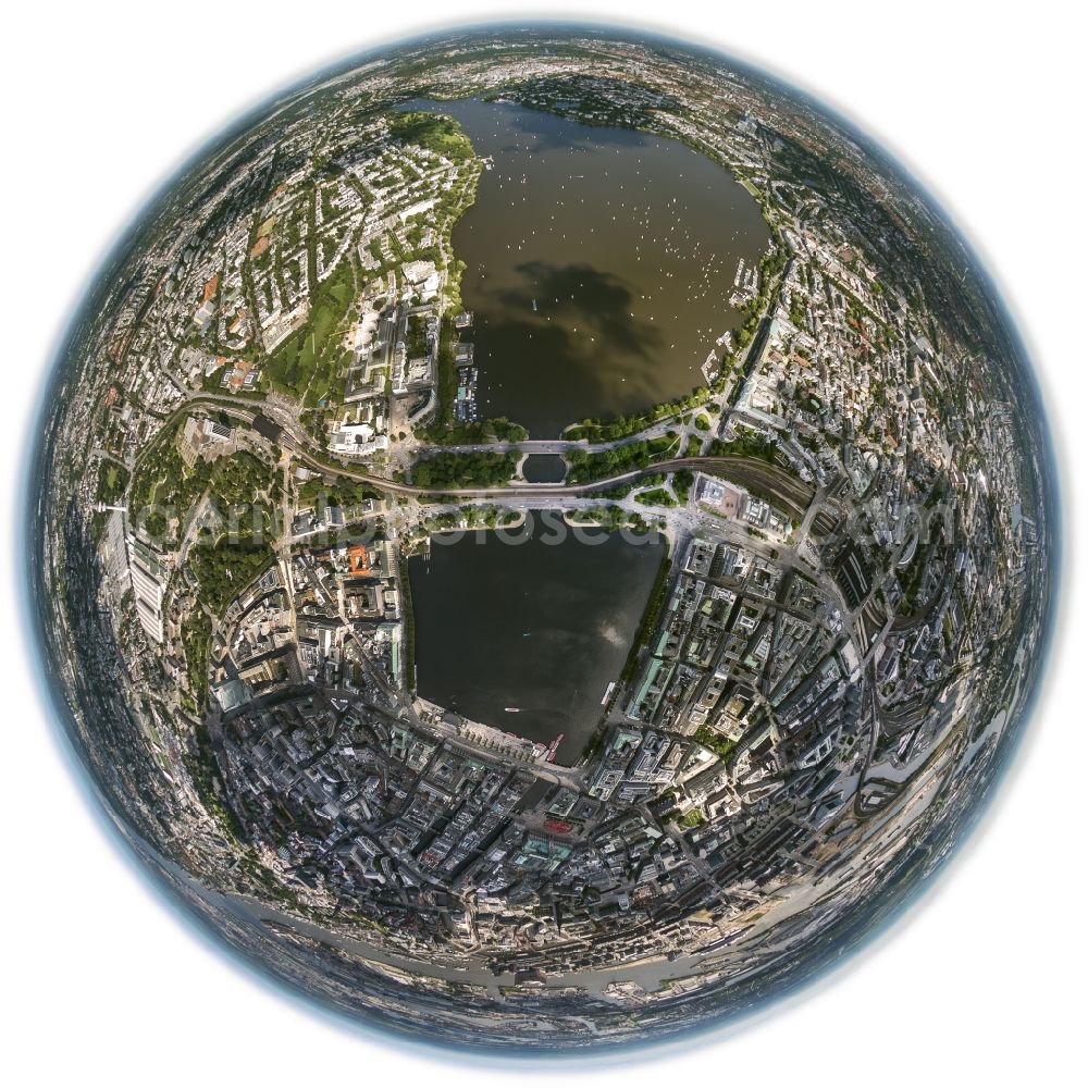 Hamburg from above - Fisheye view of the Inner Alster Lake in Hamburg and the Alster in Hamburg