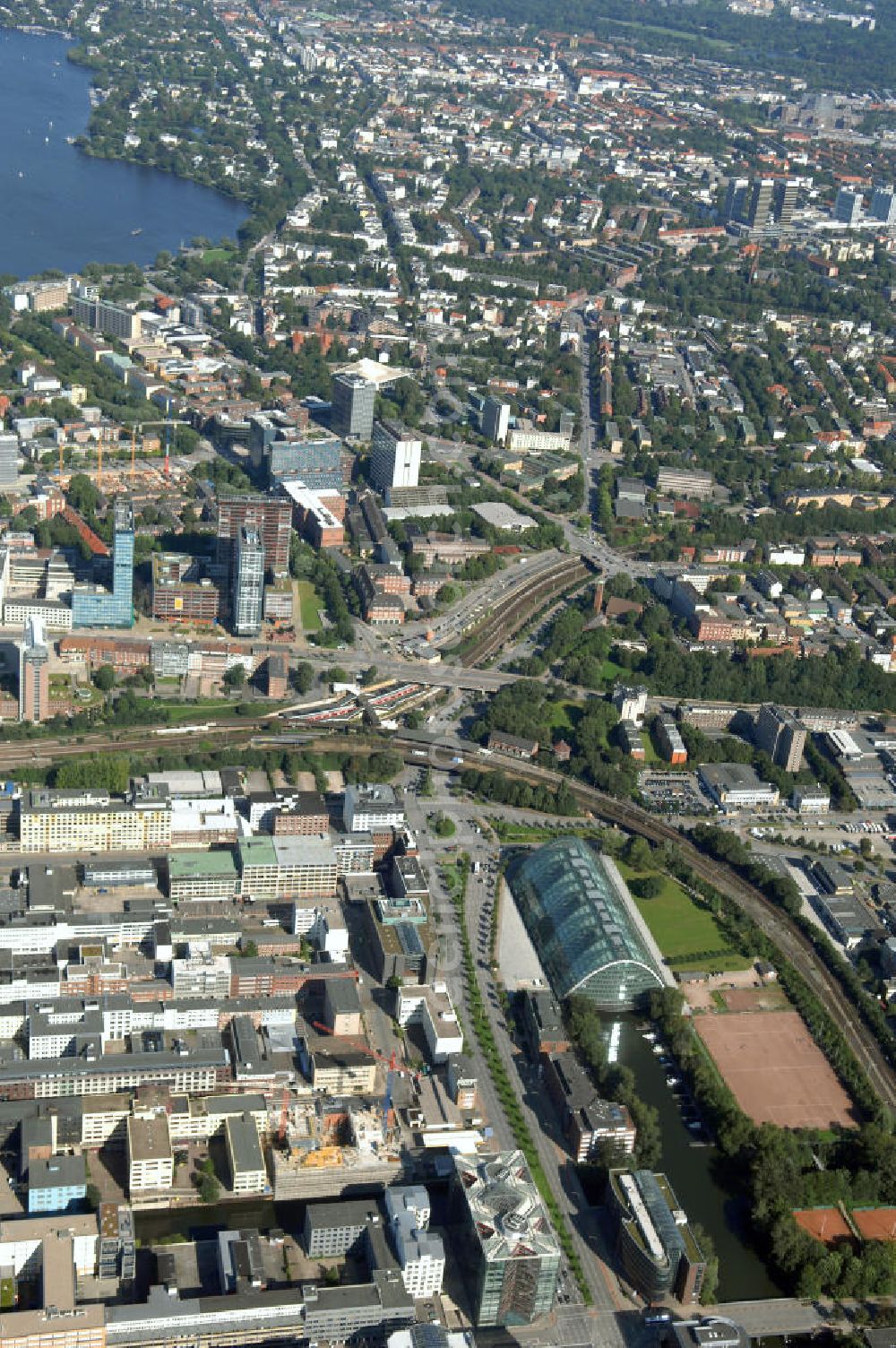 Aerial image Hamburg - Blick auf Hamburg Mitte unter an deren mit dem Berliner Bogen auf dem Anckelmannsplatz 1. Kontakt: Hamburg Tourismus GmbH, Steinstraße 7, 20095 Hamburg, Tel: +49(0)40 30051 300, Fax +49(0)40 30051 333, Email: info@hamburg-tourismus.de