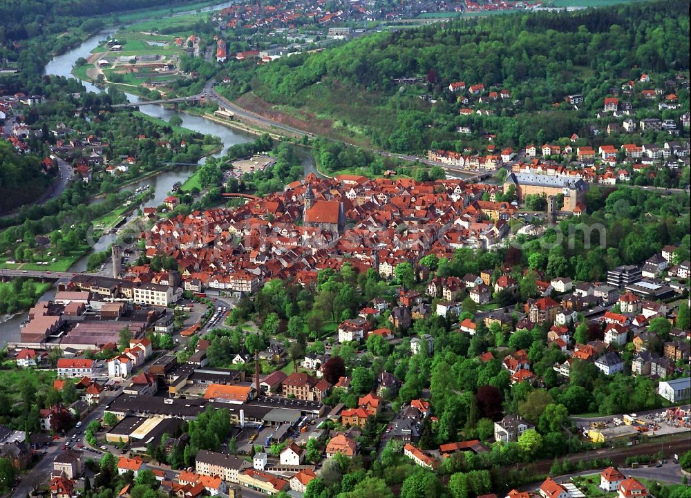 Hann. Münden from the bird's eye view: City view from colloquially Hann Munden. Said, medieval city with an almost complete city walls, the towers have been preserved almost all The rivers Werra and Fulda unite here to Weser