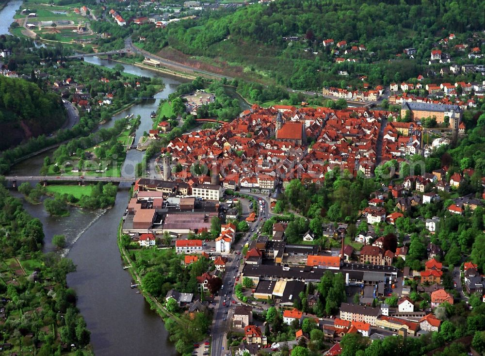 Aerial image Hann. Münden - City view from colloquially Hann Munden. Said, medieval city with an almost complete city walls, the towers have been preserved almost all The rivers Werra and Fulda unite here to Weser