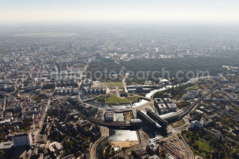 Berlin from above - Cityscape with the government district and the building of the main station in Berlin in Germany