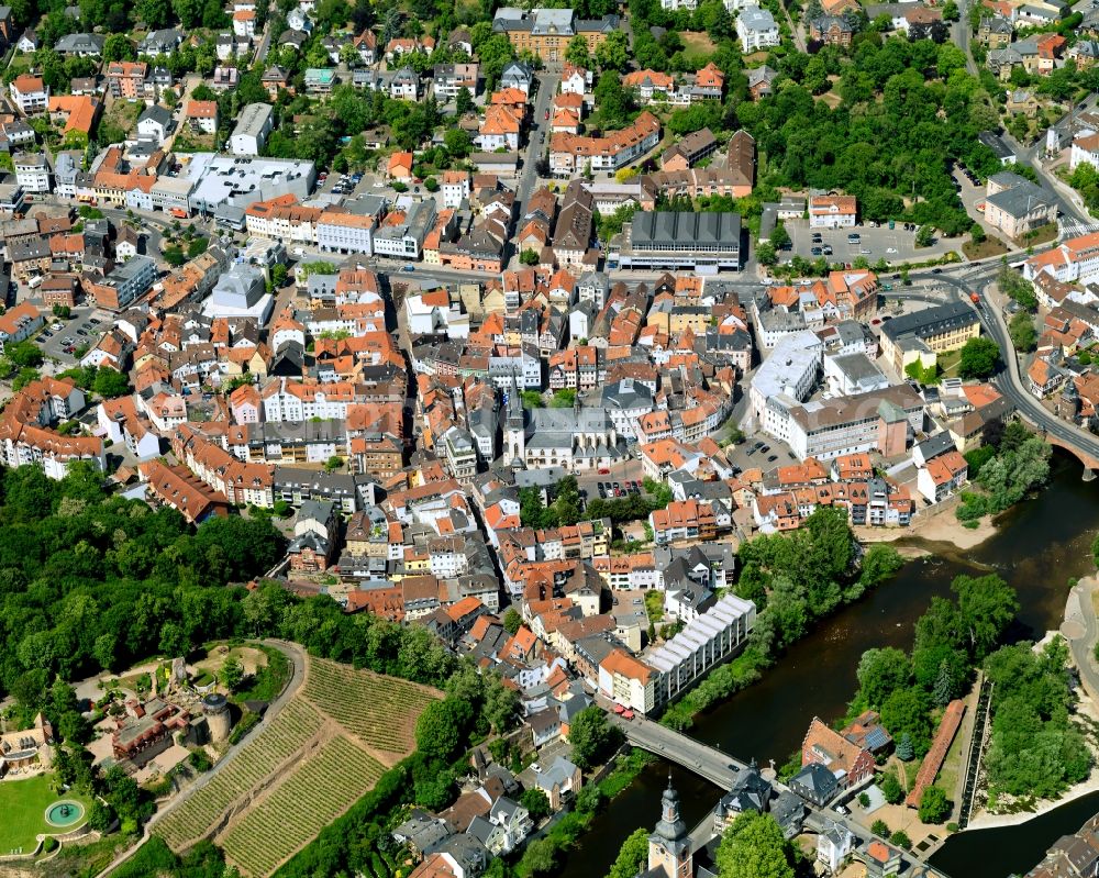 Bad Kreuznach from above - View of the historic town centre of Bad Kreuznach in the state of Rhineland-Palatinate. Bad Kreuznach is a spa town and county capital and is located on the rivers Nahe and Ellerbach. Apart from historic buildings and parts of the town, there are also several residential areas with multi-family homes and estates