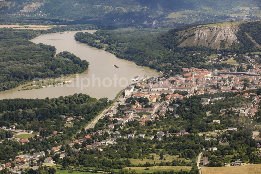 Hainburg an der Donau from above - View of the historic town center of Hainburg an der Donau in Lower Austria, Austria. Hainburg is located on the riverbank of the Danube and is the Eastern most town of Austria