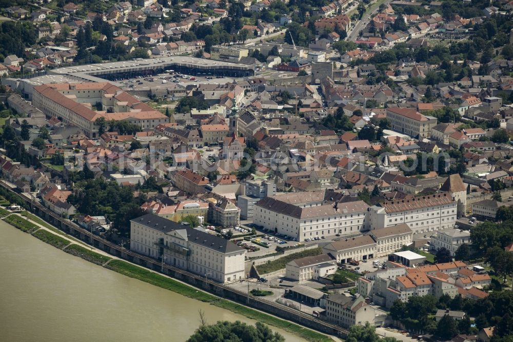 Hainburg an der Donau from above - View of the historic town center of Hainburg an der Donau in Lower Austria, Austria. Hainburg is located on the riverbank of the Danube and is the Eastern most town of Austria