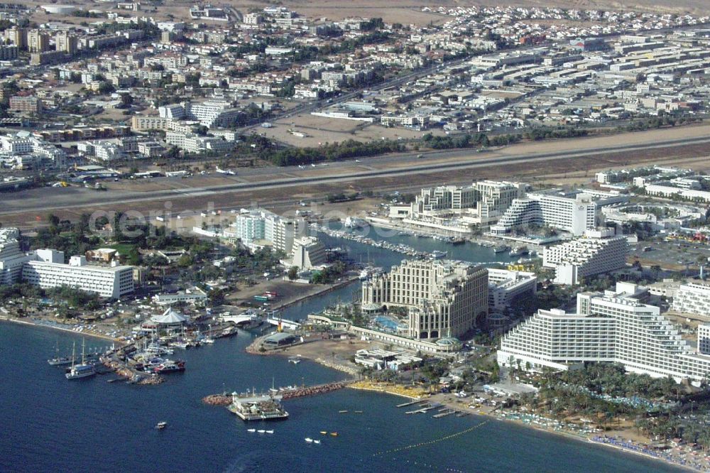 Aerial image Eilat - City area, airport and hotel district in the city in Eilat in South District, Israel, Red Sea and Gulf of Aqaba