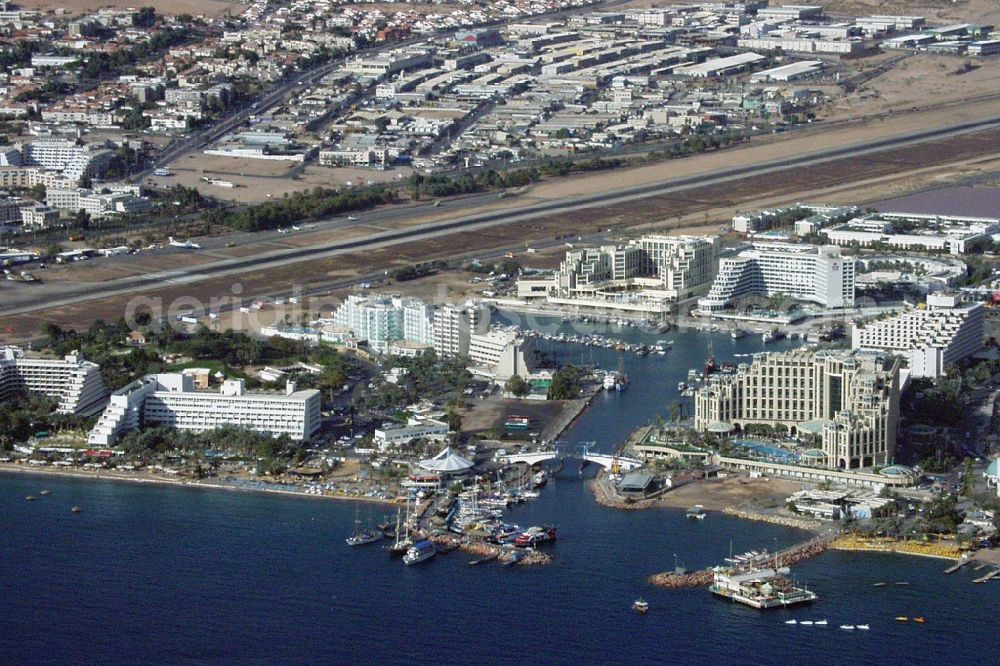 Eilat from above - City area, airport and hotel district in the city in Eilat in South District, Israel, Red Sea and Gulf of Aqaba