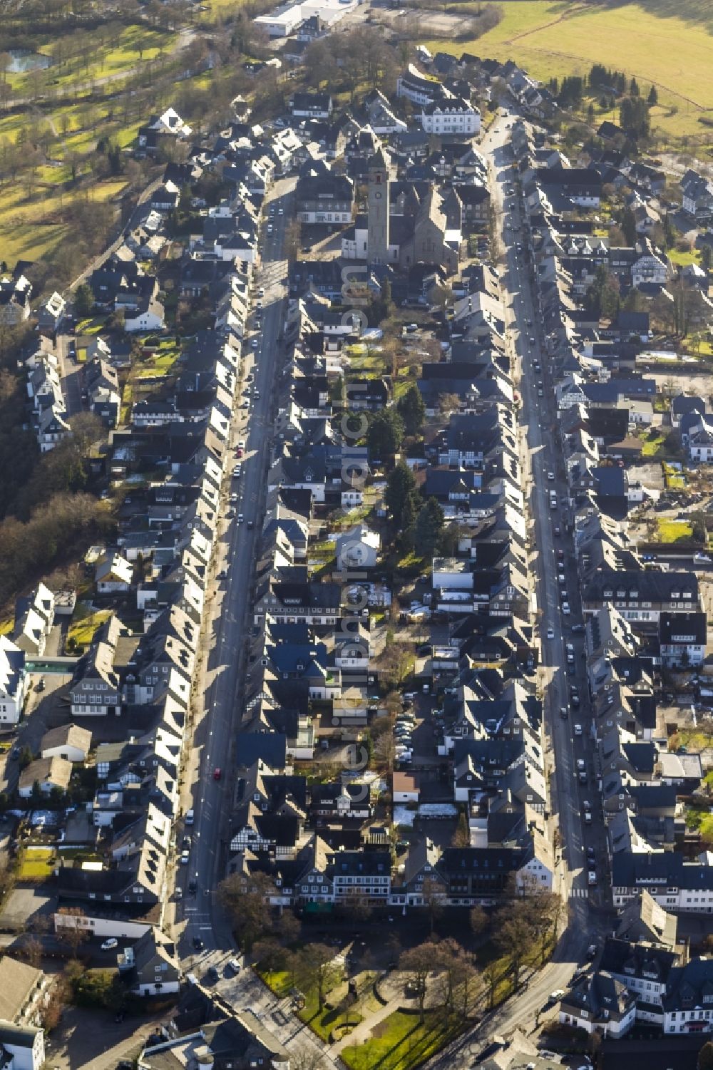 Schmallenberg from above - Cityscape of downtown at the church Alexan der of Schmallenberg in the Ruhr area in North Rhine-Westphalia