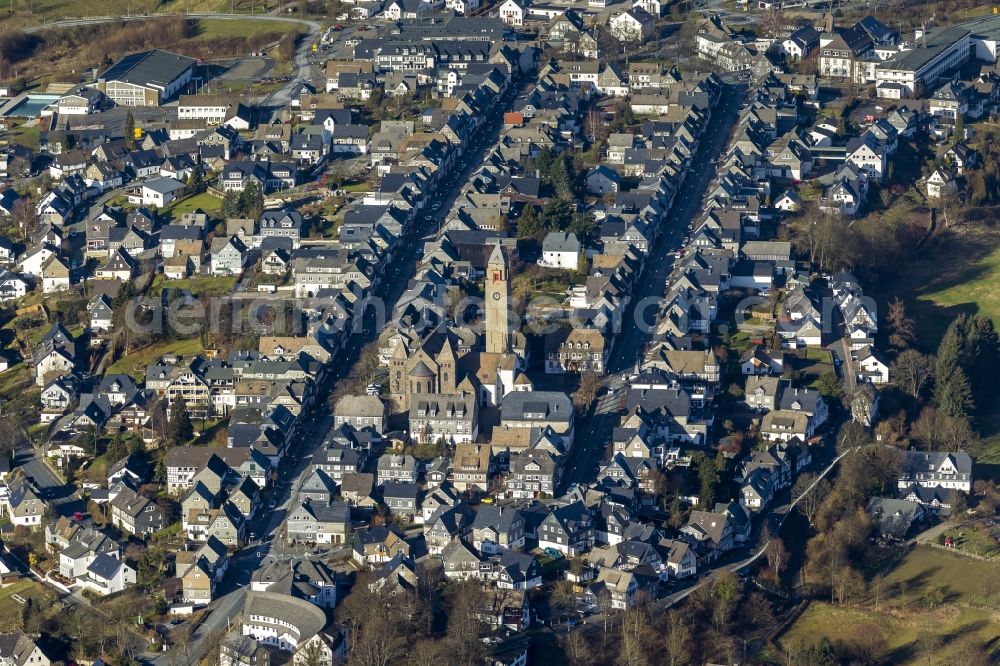 Schmallenberg from above - Cityscape of downtown at the church Alexan der of Schmallenberg in the Ruhr area in North Rhine-Westphalia