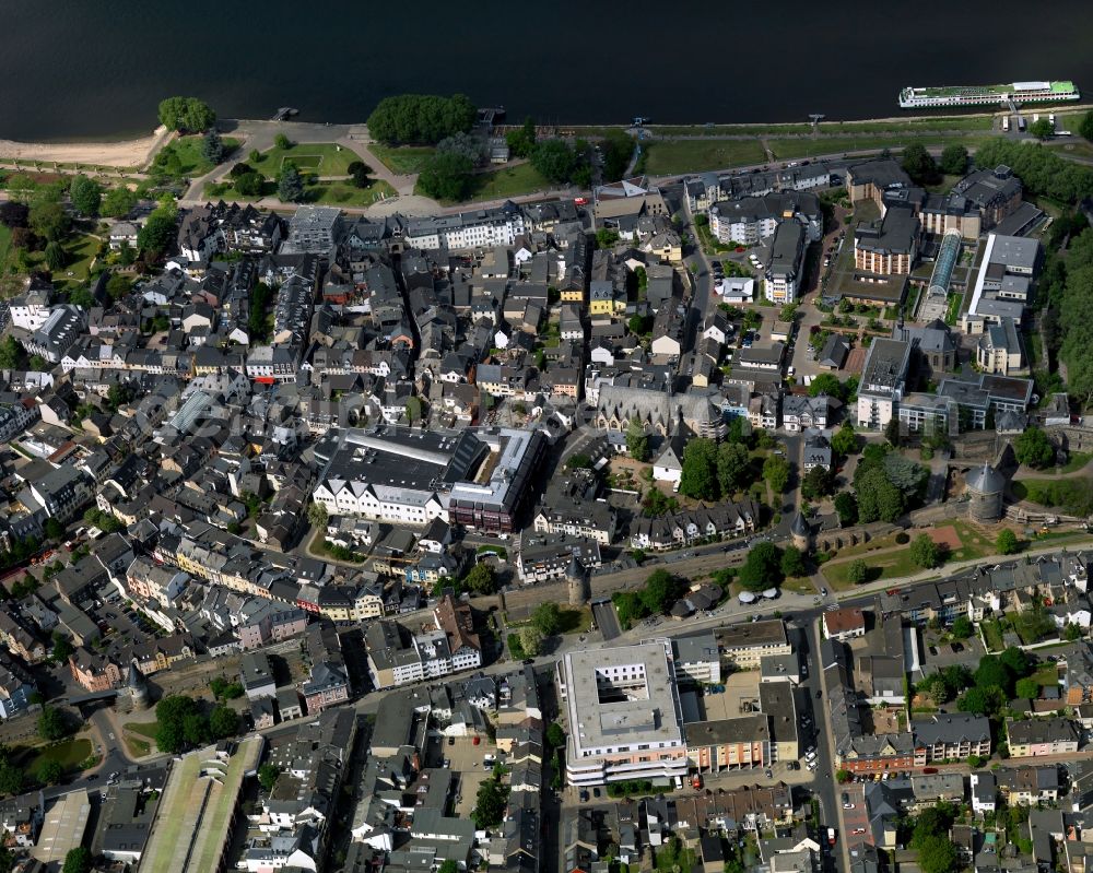 Andernach from above - View of the town centre of Andernach in the state of Rhineland-Palatinate. The town is located in the county district of Mayen-Koblenz on the left riverbank of the river Rhine. The town is characterised by industry, consists of five boroughs and districts and belongs to the oldest towns in Germany