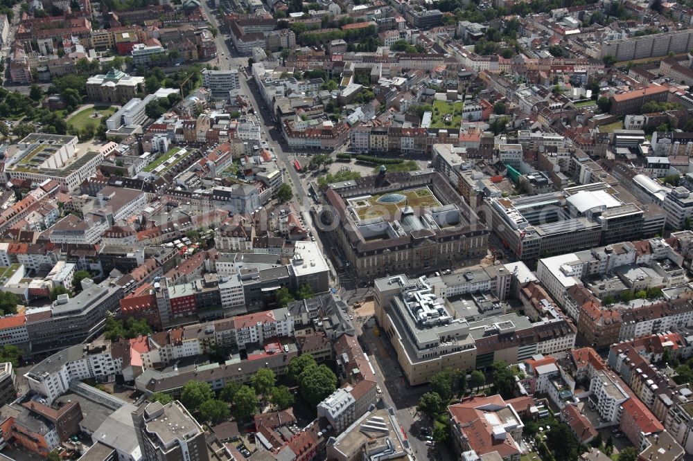 Aerial photograph Karlsruhe - Cityscape of downtown to the shopping center Postgalerie in Karlsruhe in Baden-Württemberg